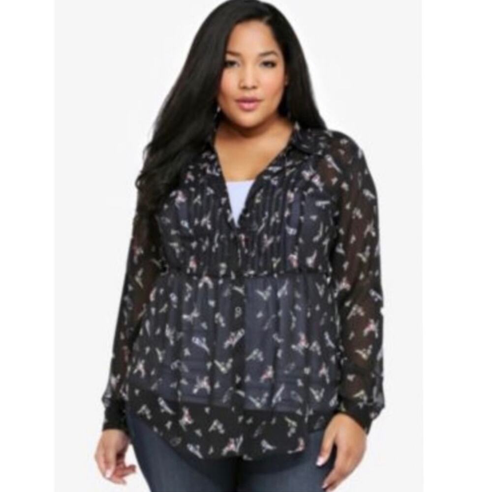 Torrid Bird Pront Chiffon Button Up Top Size 1X Black Multi